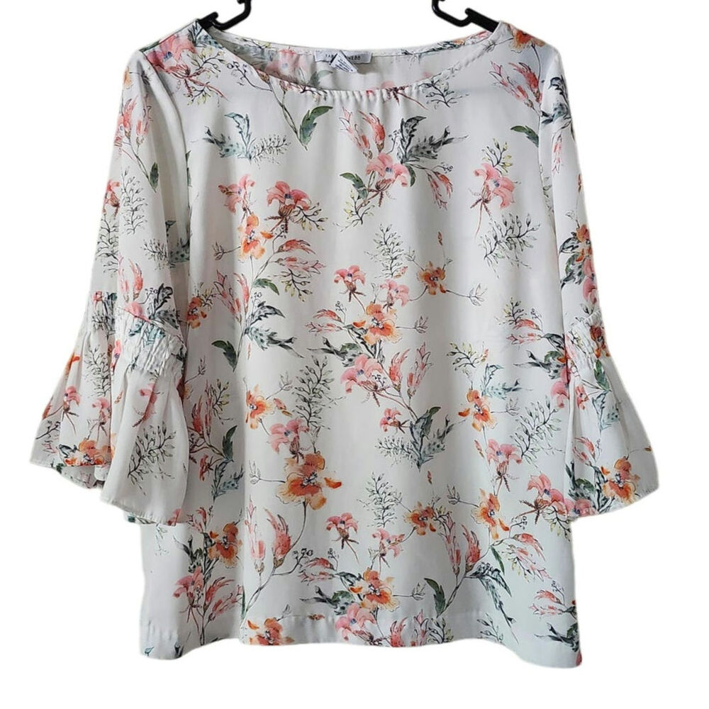 Tabitha Webb Medium Floral Bell Sleeve Blouse White Pink Ruffle
